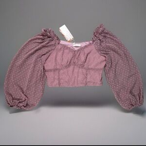 Romwe Swiss Dot Pink Crop Top Puff Sheer Long Sleeve Chiffon Blouse Large NWT